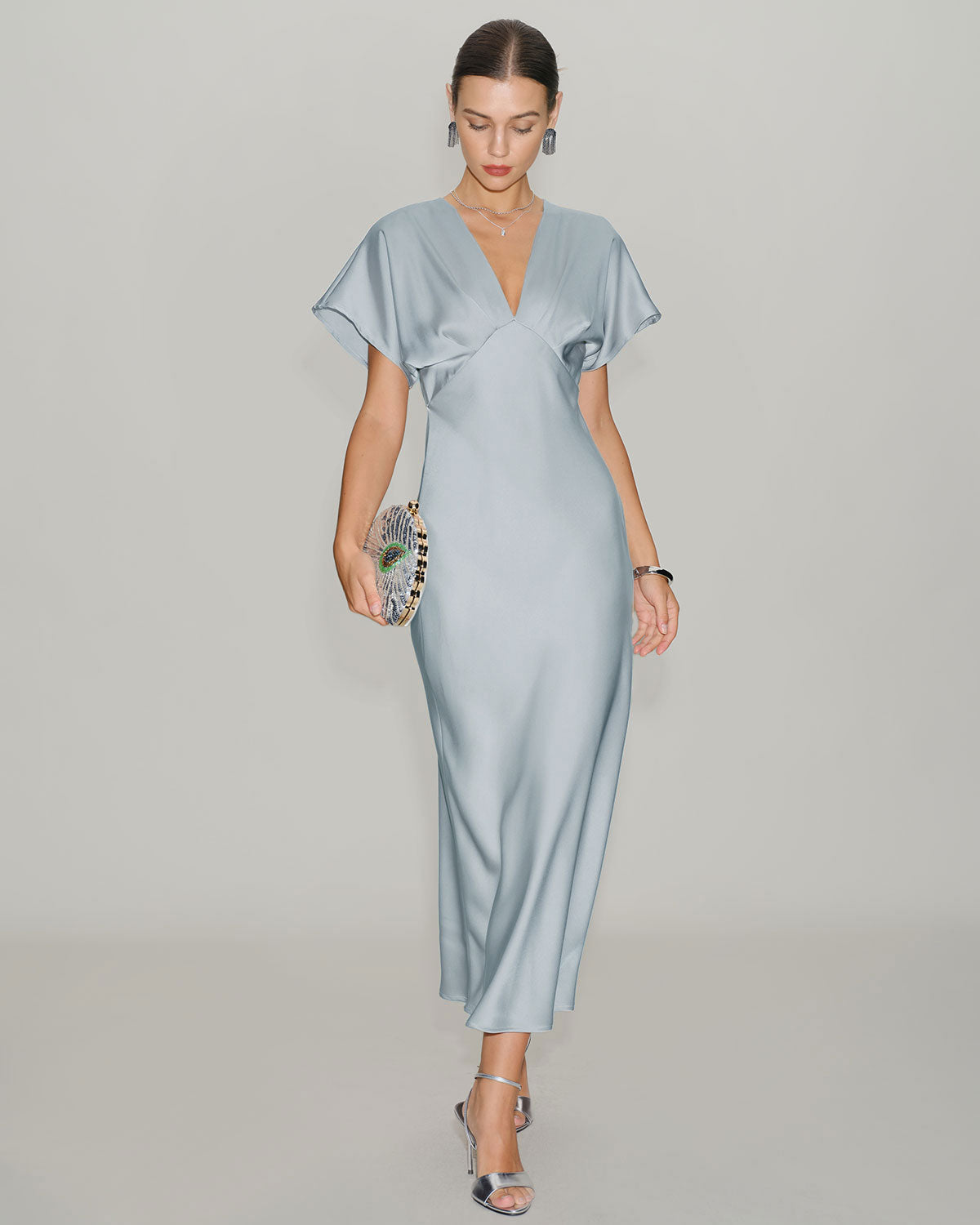 Blue Satin Midi Dress with V-Neck and Cowl Sleeves