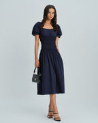 Shirred Midi Dress with Blue Puffed Sleeves