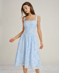 Blue Lace Jacquard Midi Dress with Square Neck