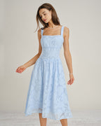 Blue Lace Jacquard Midi Dress with Square Neck