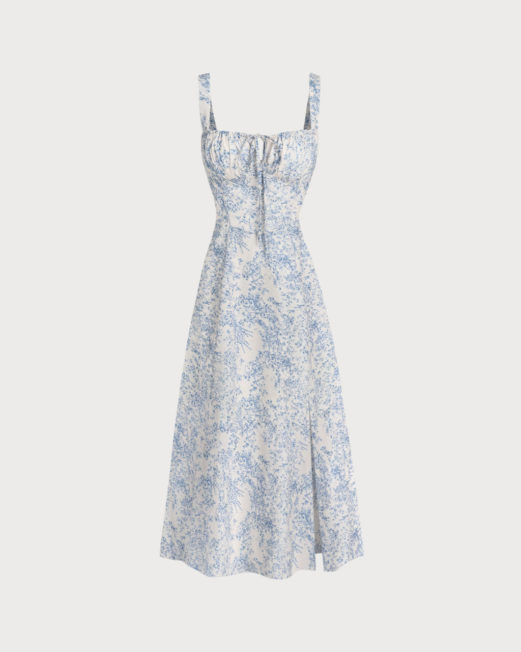 Floral Blue Ruched Midi Slip Dress
