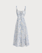 Floral Blue Ruched Midi Slip Dress