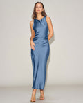 Blue Satin Boat Neck Midi Slip Dress