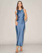 Blue Satin Boat Neck Midi Slip Dress