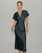 Grey-Green Satin Midi Dress with Cowl Sleeves