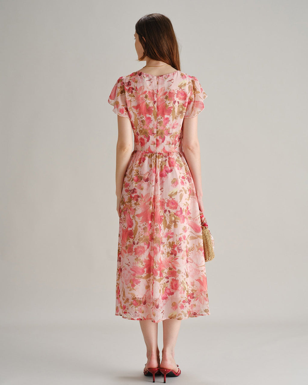 Floral Chiffon Midi Dress in Pink with V-Neck