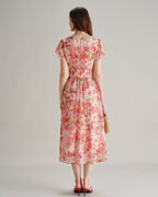 Floral Chiffon Midi Dress in Pink with V-Neck