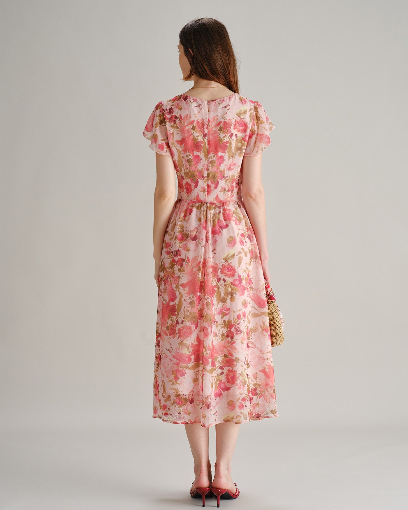 Floral Chiffon Midi Dress in Pink with V-Neck