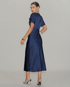Navy Satin Midi Dress with Cowl Sleeves