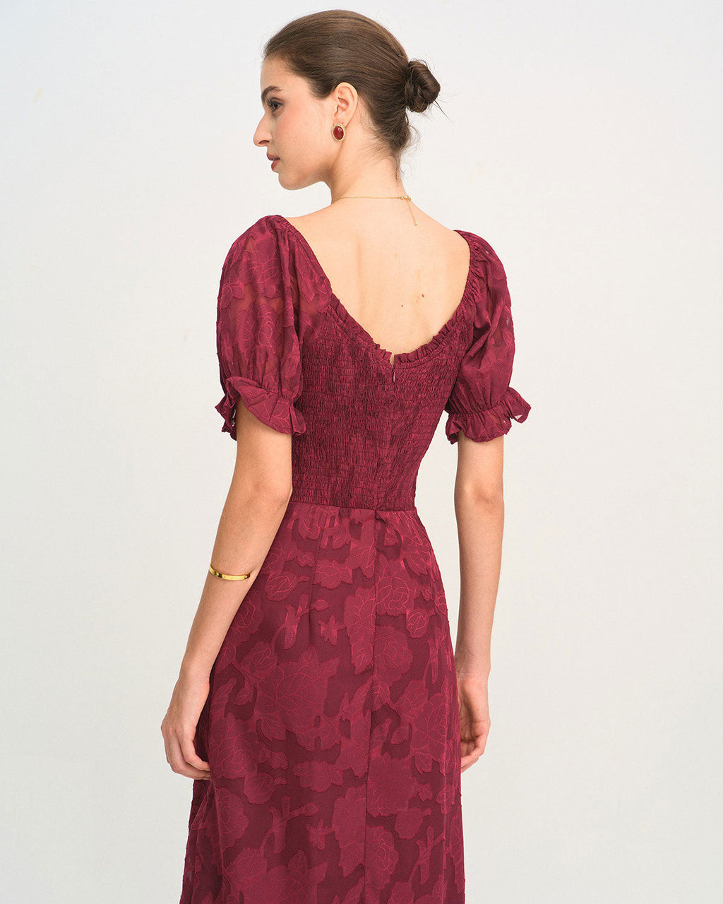 Wine Red Jacquard Midi Dress with Slit
