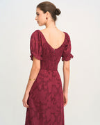 Wine Red Jacquard Midi Dress with Slit