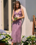 Floral Print Midi Dress with Ruffled Tie Straps in Purple
