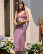 Floral Print Midi Dress with Ruffled Tie Straps in Purple