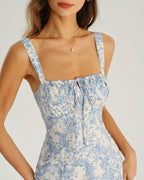 Floral Blue Ruched Midi Slip Dress