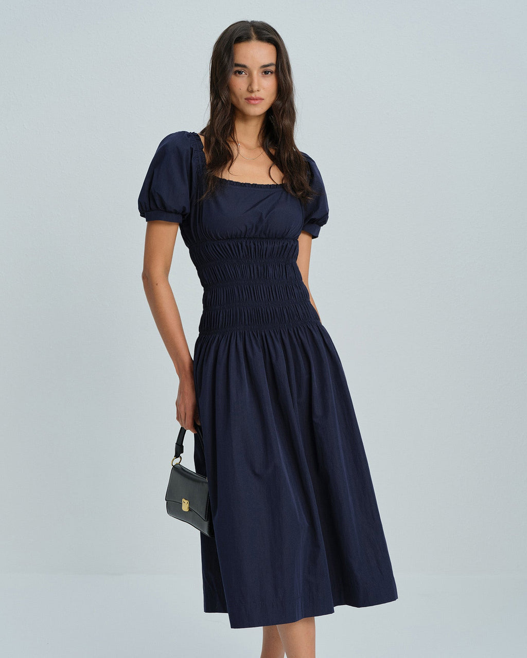 Shirred Midi Dress with Blue Puffed Sleeves