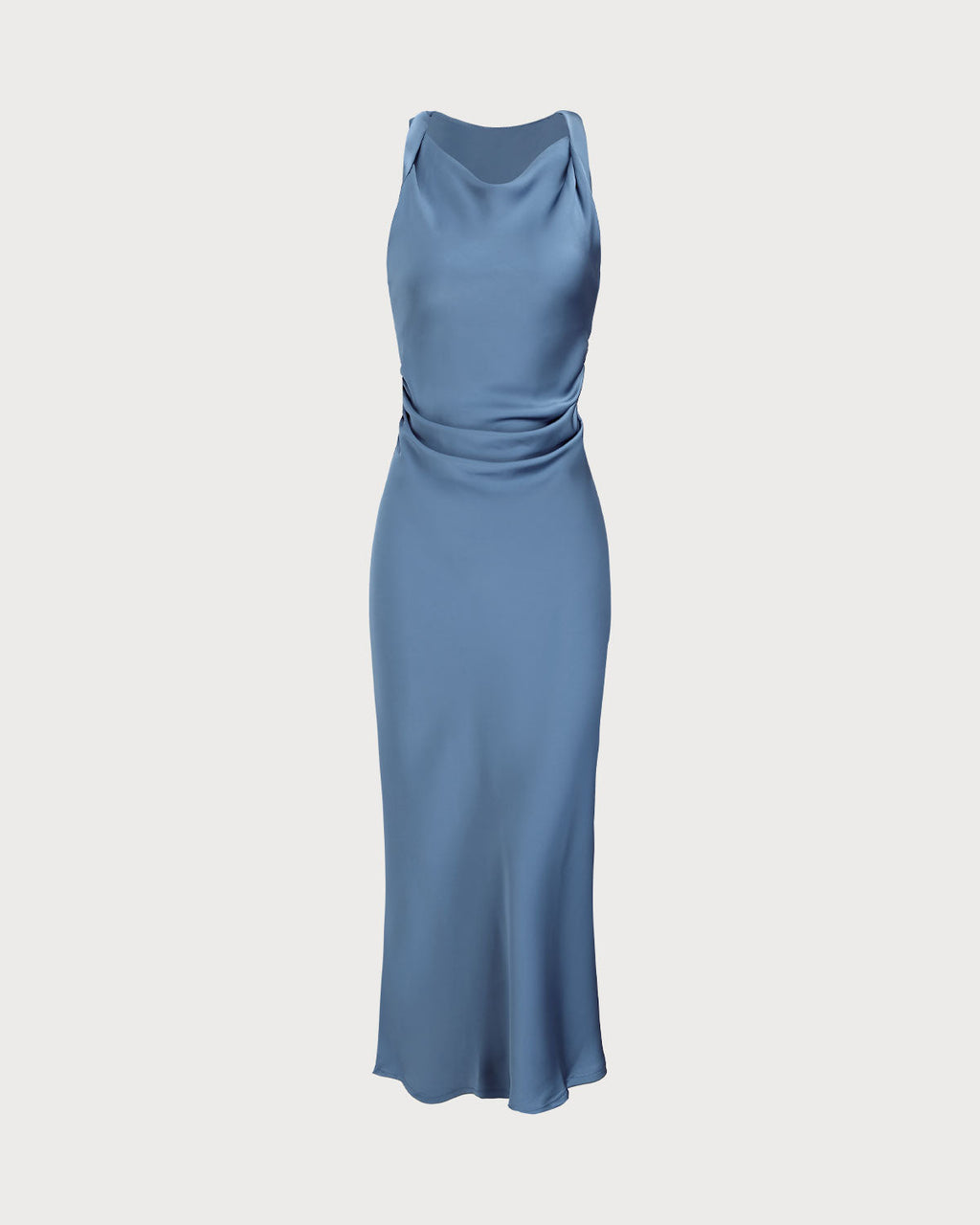 Blue Satin Boat Neck Midi Slip Dress