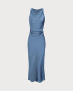 Blue Satin Boat Neck Midi Slip Dress