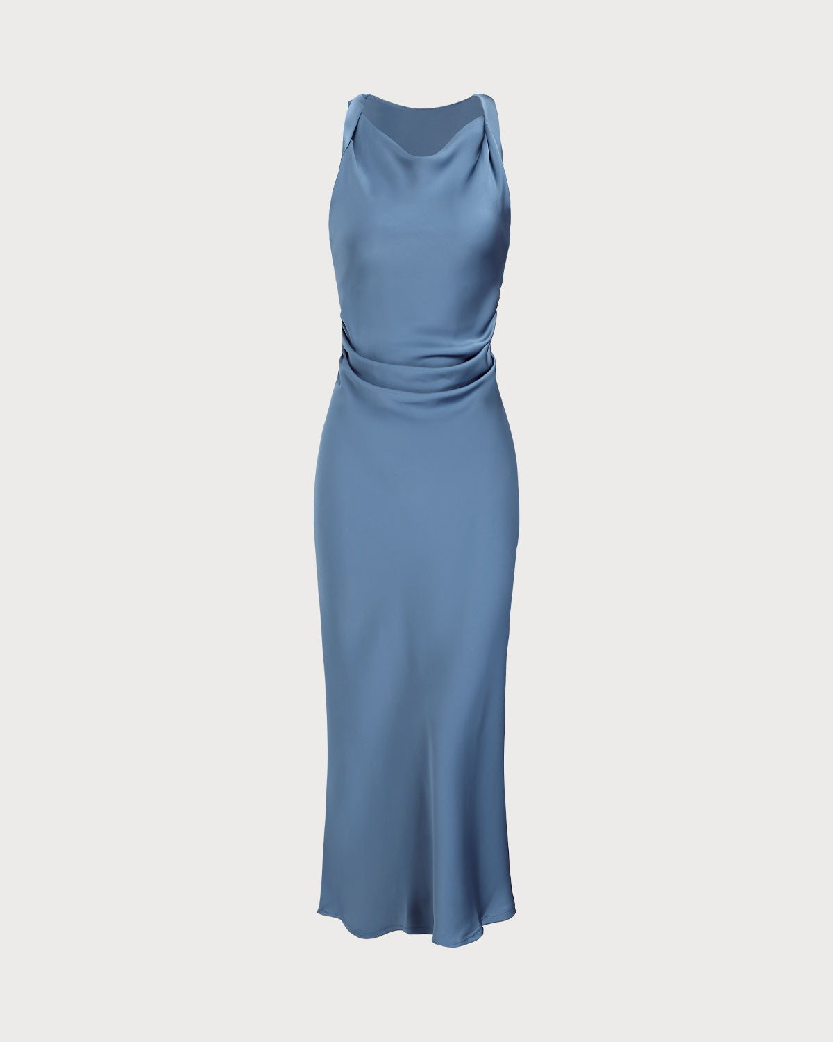 Blue Satin Boat Neck Midi Slip Dress