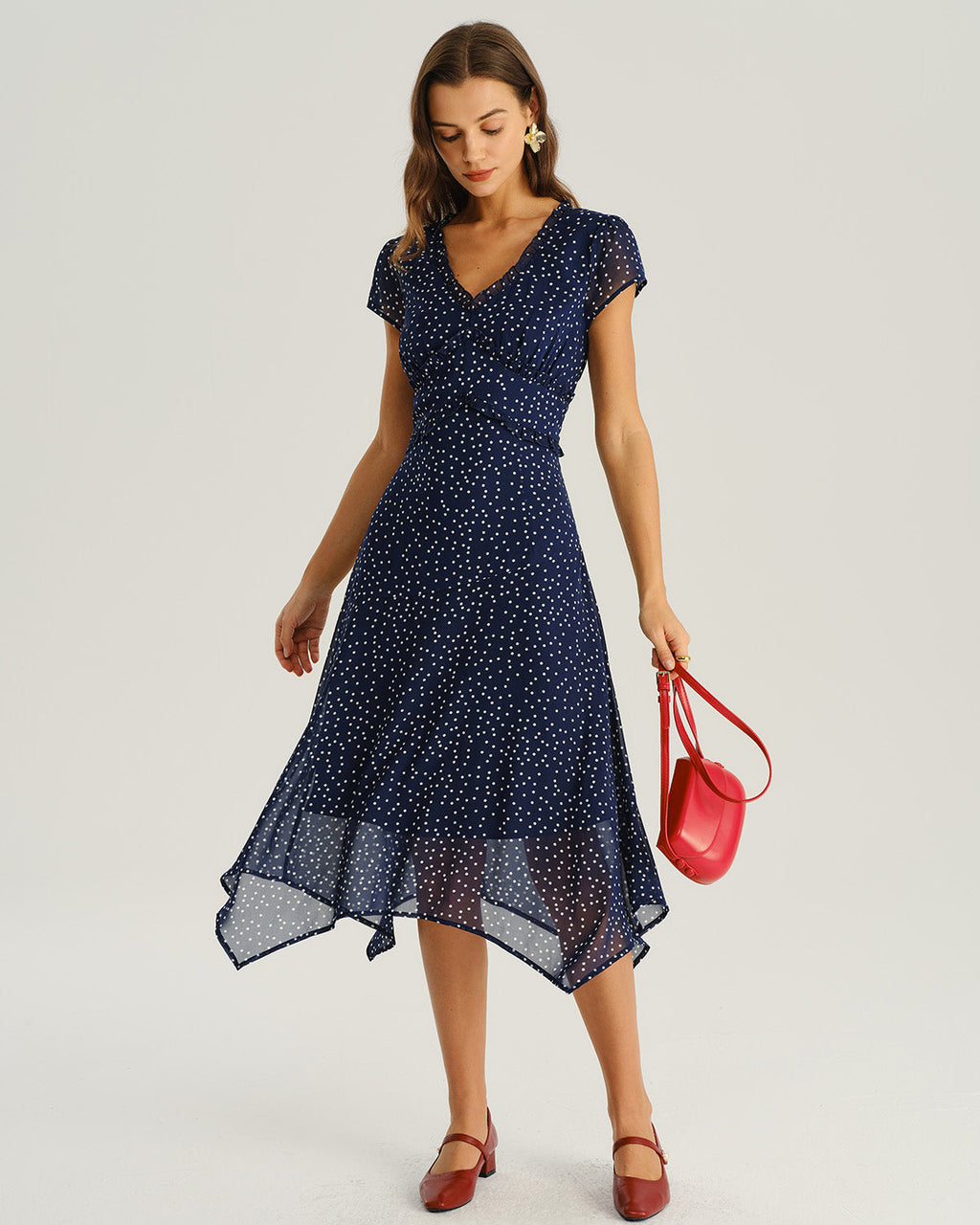 Navy Midi Dress with Cap Sleeves and Polka Dot Print