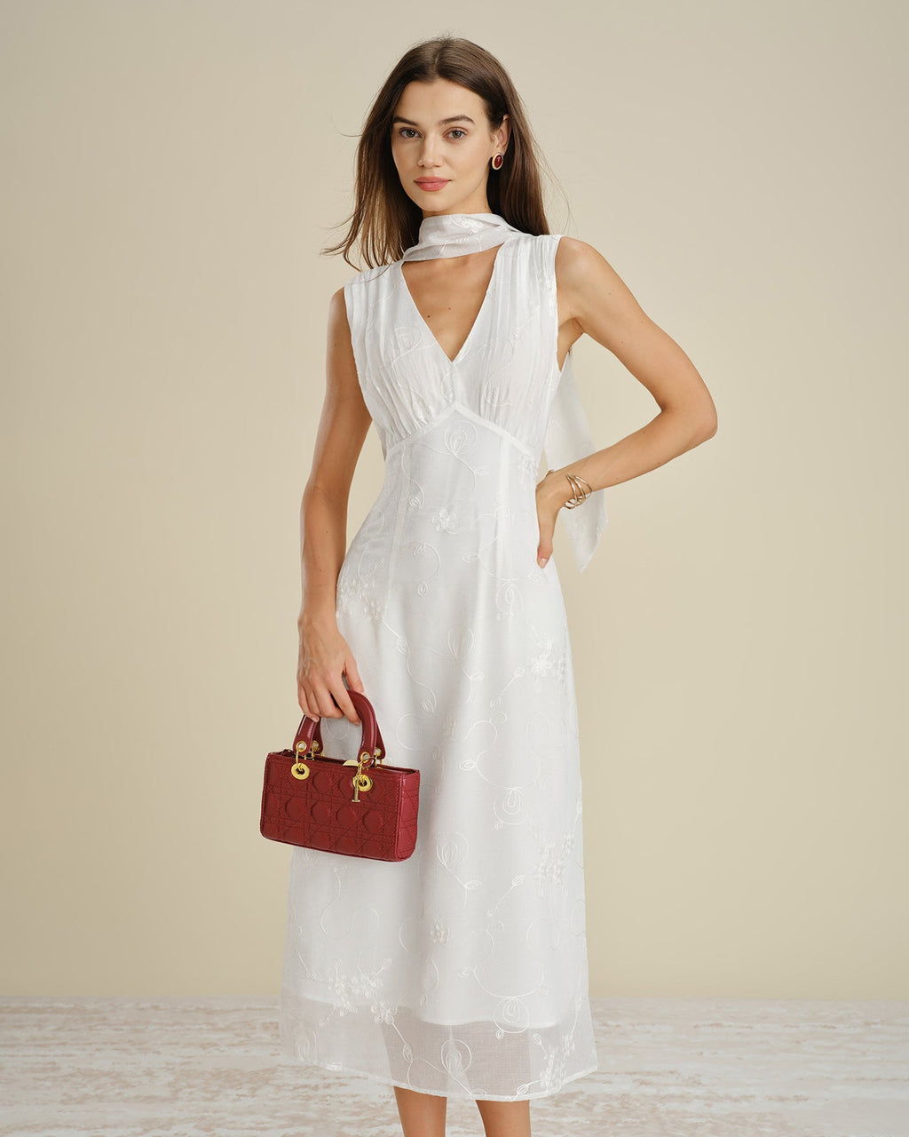 White Midi Dress with Floral Embroidery and V-Neck