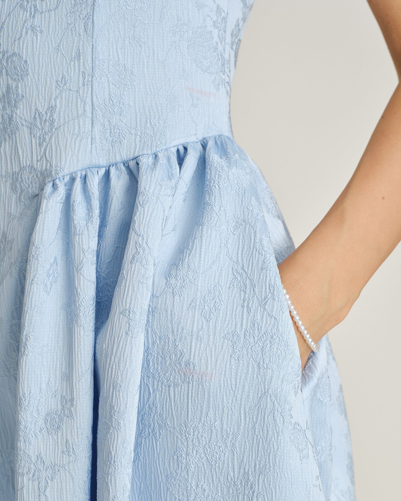 Blue Jacquard Midi Dress with Pockets