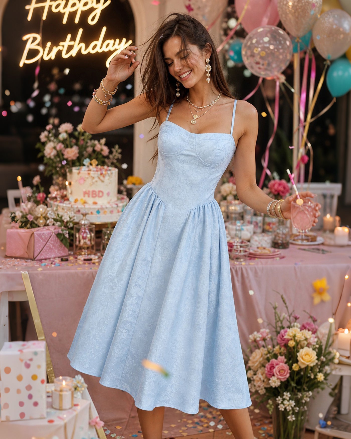 Blue Jacquard Midi Dress with Pockets