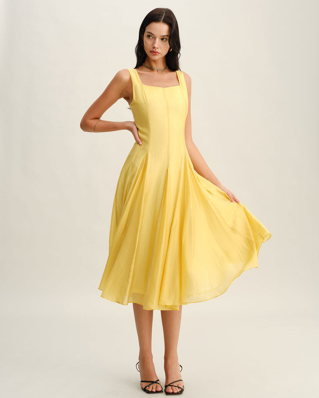 Pleated Midi Dress with Square Neck in Yellow