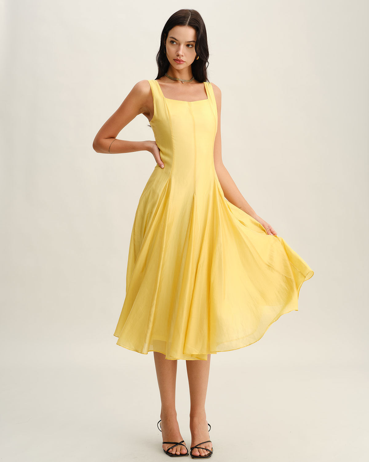 Pleated Midi Dress with Square Neck in Yellow