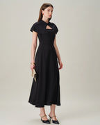 Black Sleeveless Midi Dress with Square Neck and Button Details