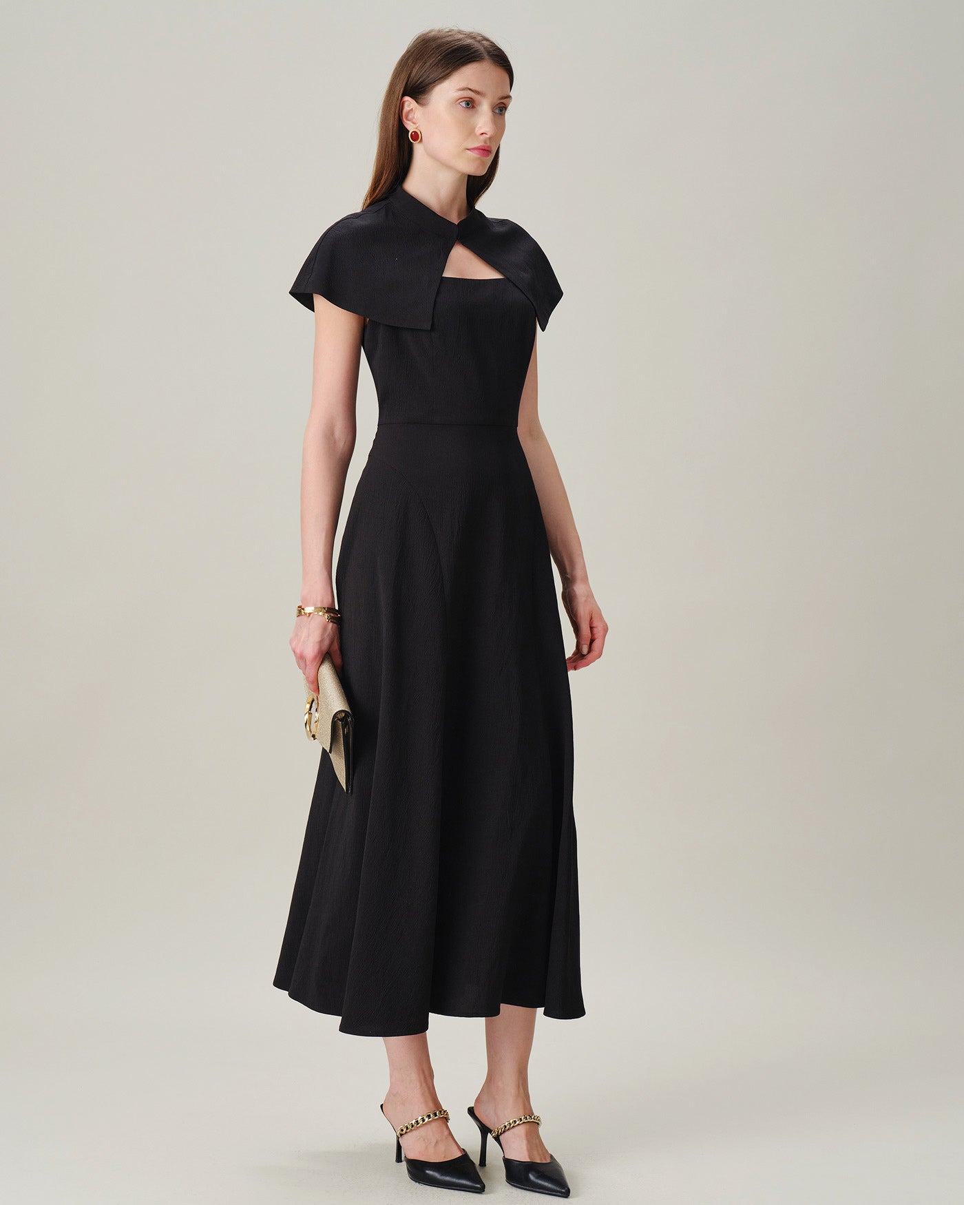 Black Sleeveless Midi Dress with Square Neck and Button Details