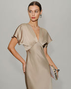 Apricot Satin V-Neck A-Line Midi Dress