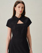 Black Sleeveless Midi Dress with Square Neck and Button Details