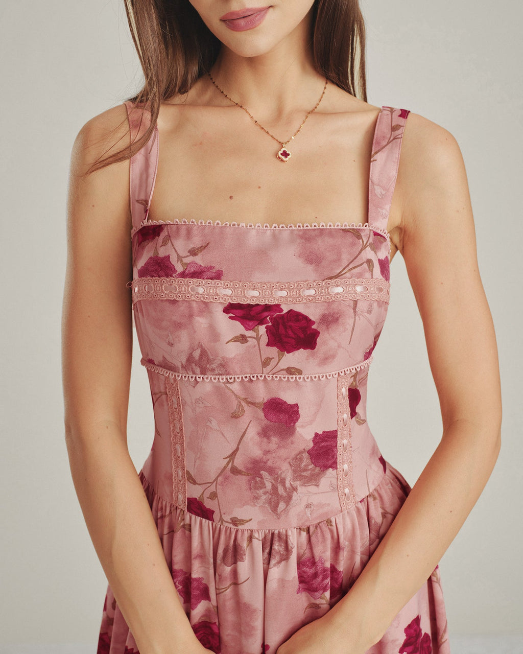 Floral Lace Midi Dress with Pink Square Neck