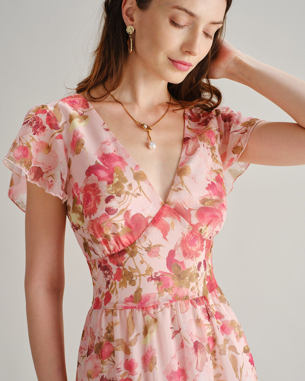 Floral Chiffon Midi Dress in Pink with V-Neck