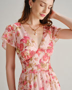 Floral Chiffon Midi Dress in Pink with V-Neck