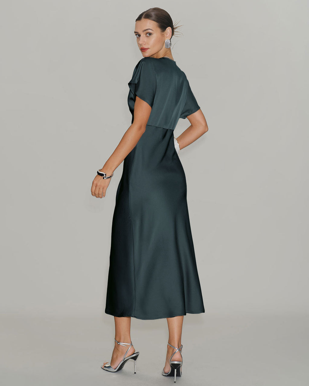 Grey-Green Satin Midi Dress with Cowl Sleeves