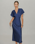 Navy Satin Midi Dress with Cowl Sleeves