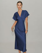 Navy Satin Midi Dress with Cowl Sleeves