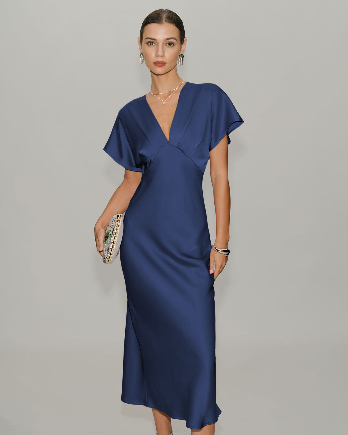 Navy Satin Midi Dress with Cowl Sleeves