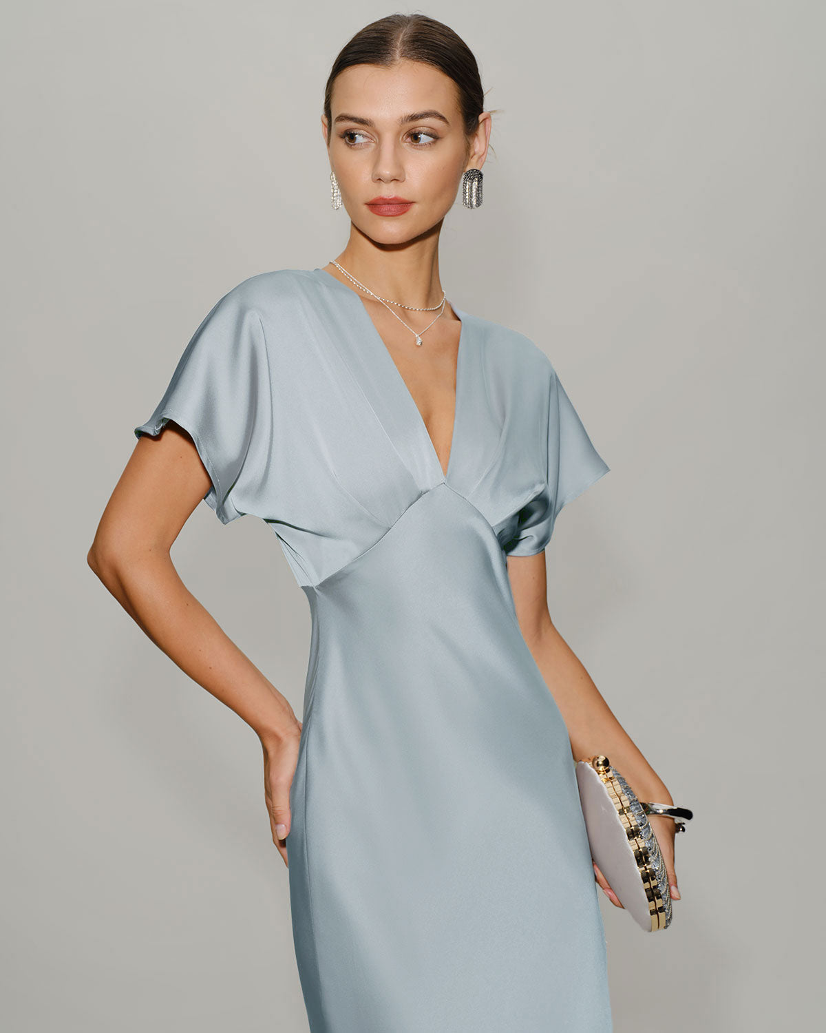 Blue Satin Midi Dress with V-Neck and Cowl Sleeves
