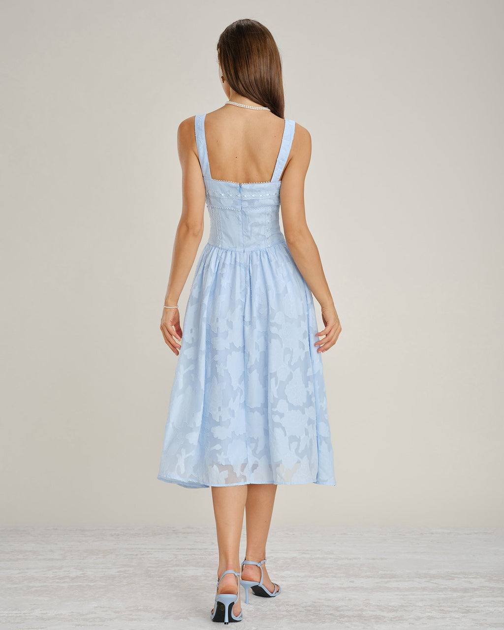 Blue Lace Jacquard Midi Dress with Square Neck