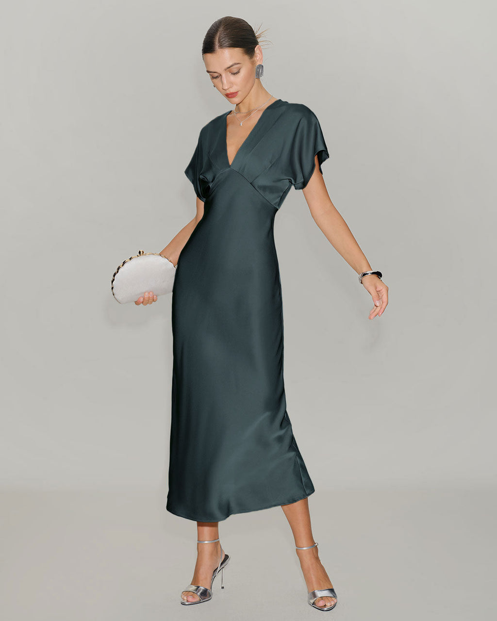 Grey-Green Satin Midi Dress with Cowl Sleeves