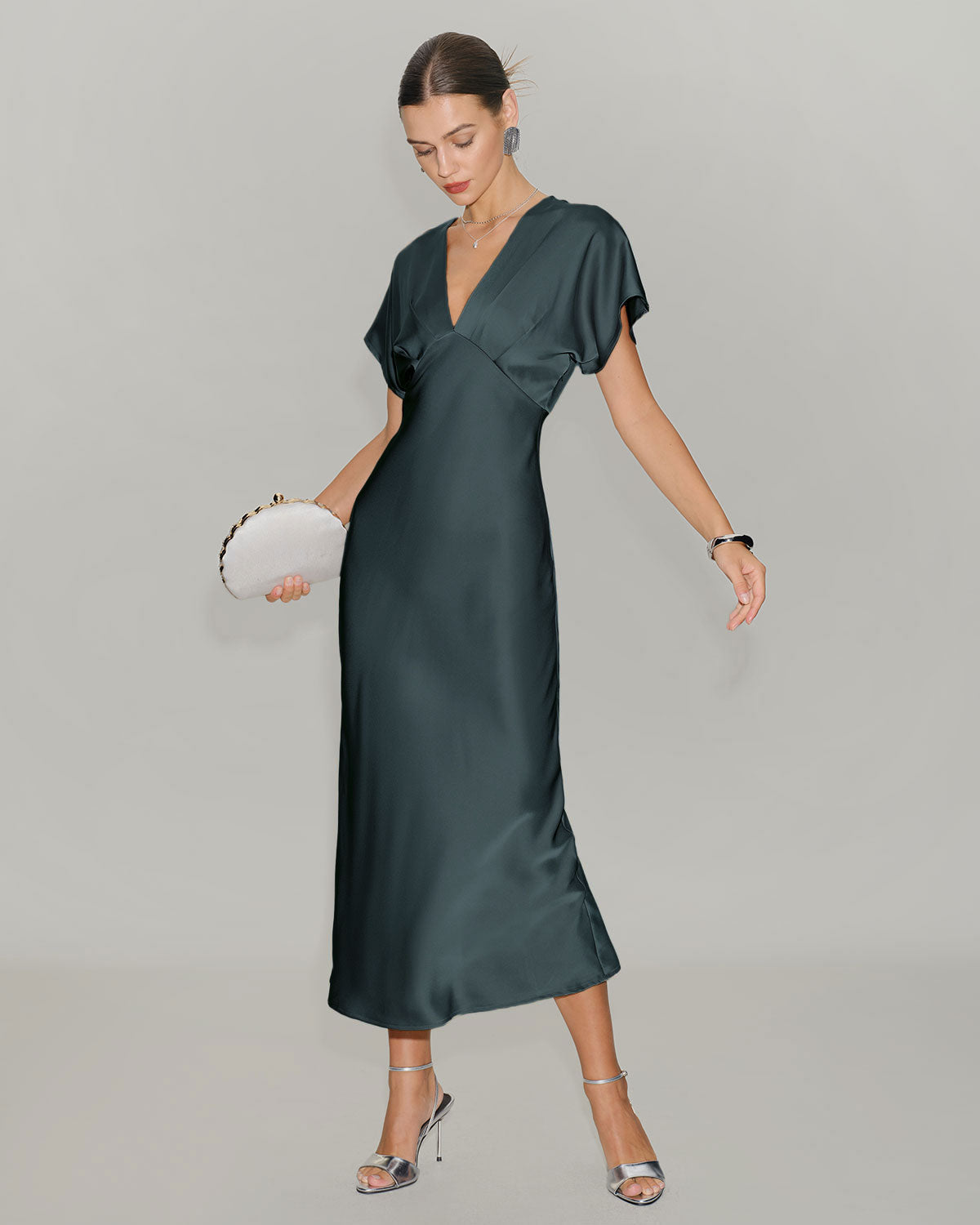 Grey-Green Satin Midi Dress with Cowl Sleeves