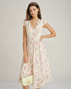 Floral Lace Midi Dress with V-Neck in Pink