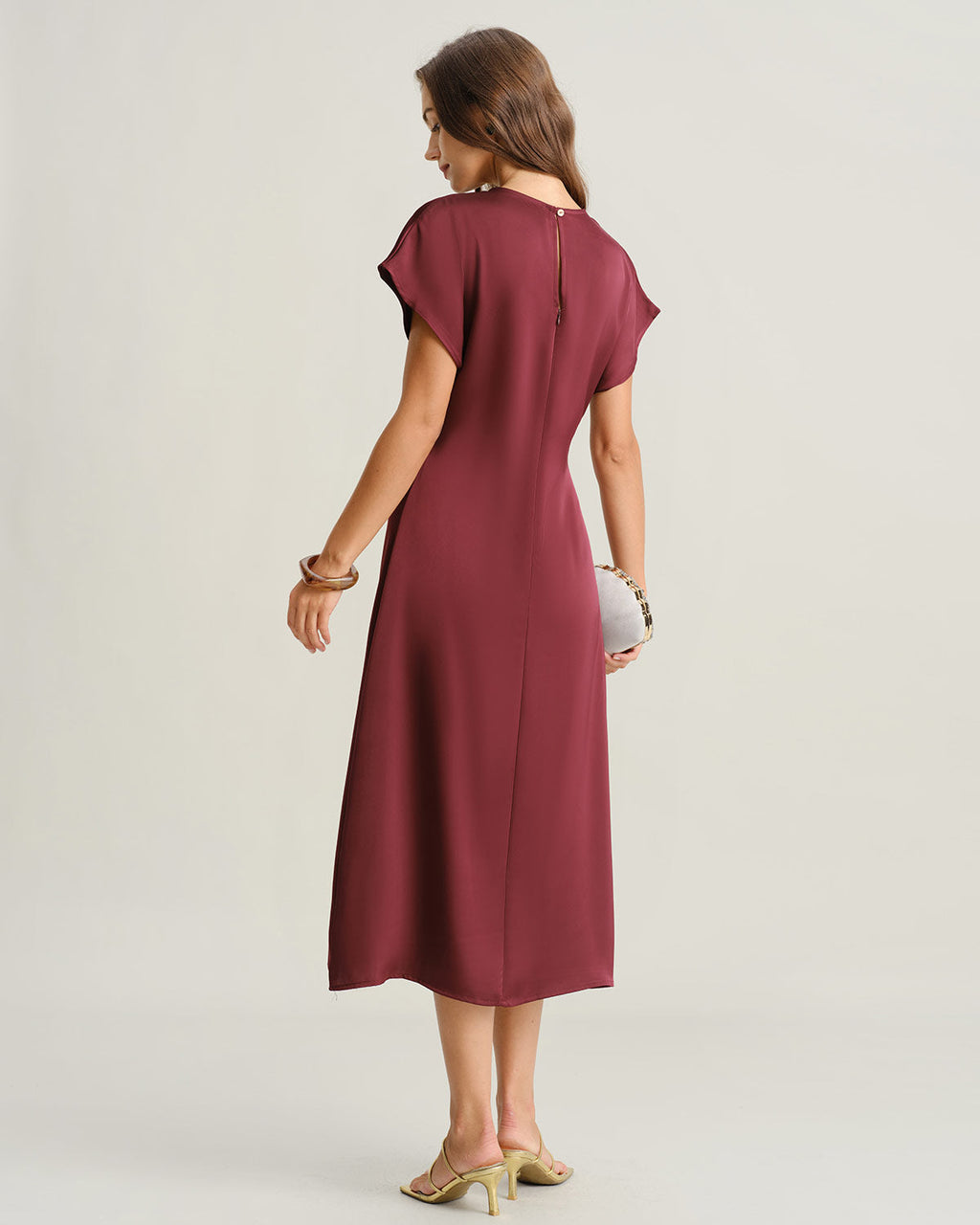 Crimson Satin A-Line Midi Dress with Cowl Sleeves