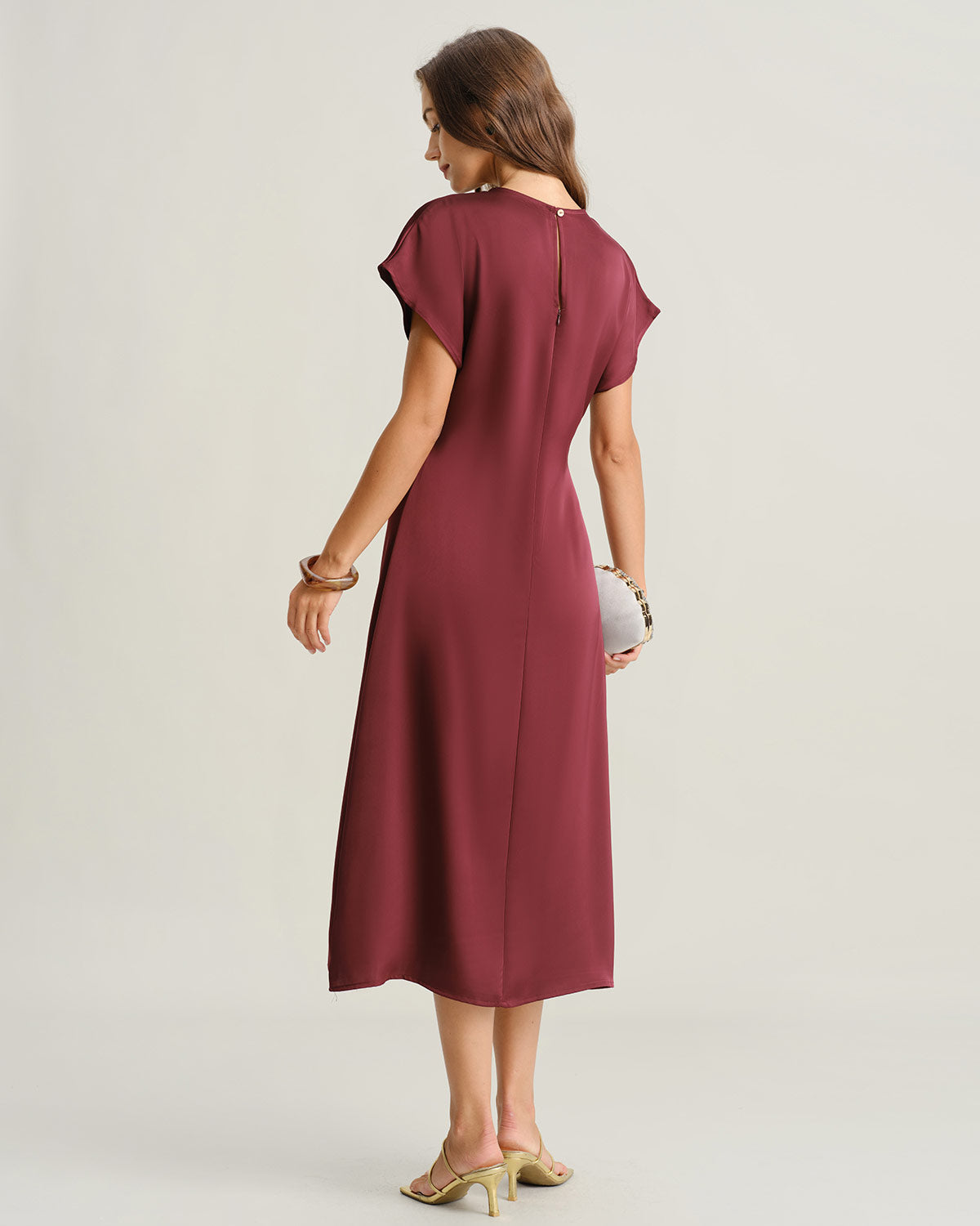 Crimson Satin A-Line Midi Dress with Cowl Sleeves