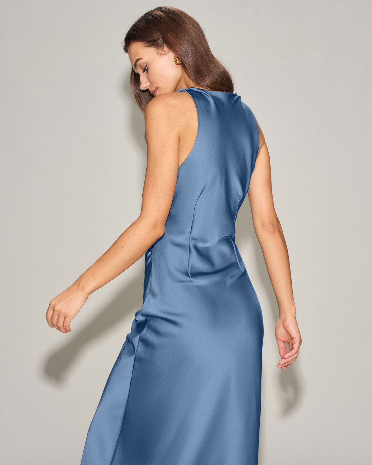 Blue Satin Boat Neck Midi Slip Dress