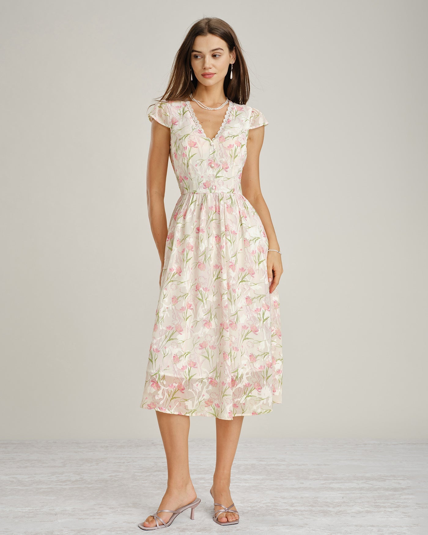 Floral Lace Midi Dress with V-Neck in Pink