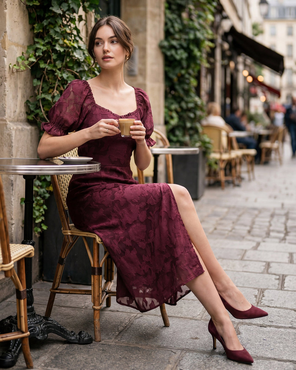 Wine Red Jacquard Midi Dress with Slit