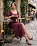 Wine Red Jacquard Midi Dress with Slit